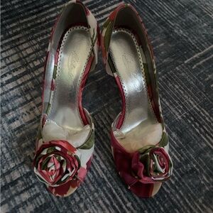 Bloom Red and Green Floral Peep-Toe Heels